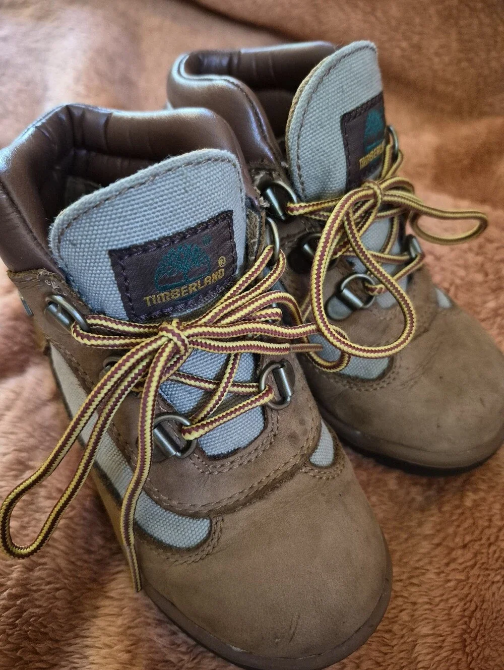 Size 10 - Timberland Kids Brown And Tan Boots With Black Rubber Soles